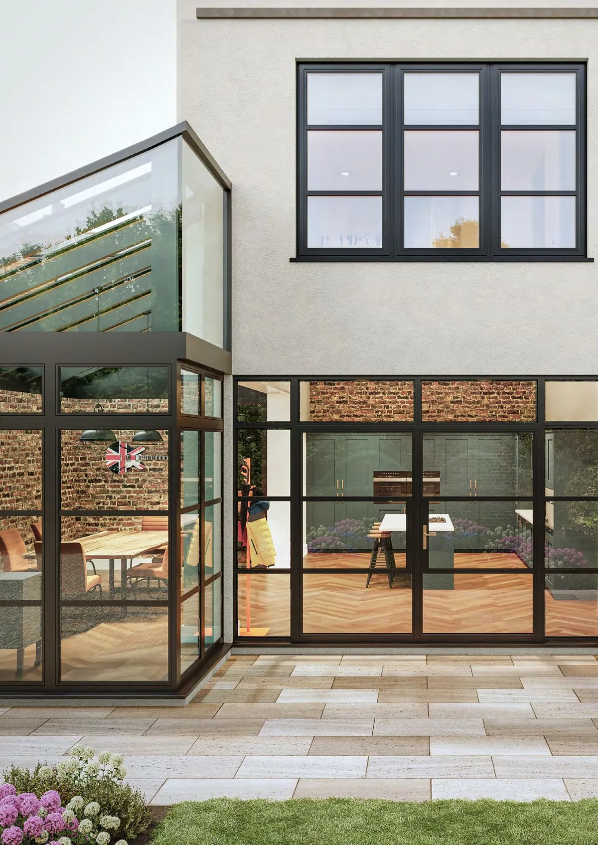 House fitted with AluK Heritage windows, doors and a glazed extension in black