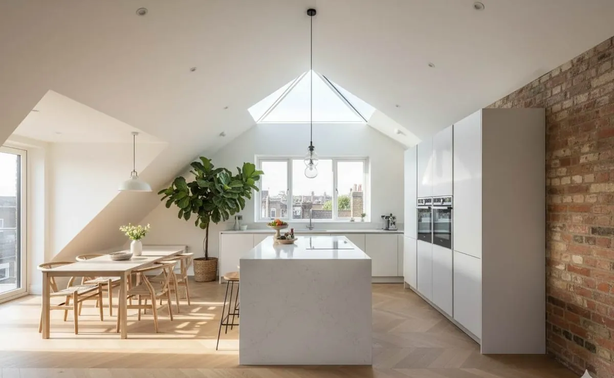 Frameless pyramid roof lantern above a bright open-plan kitchen and dining room